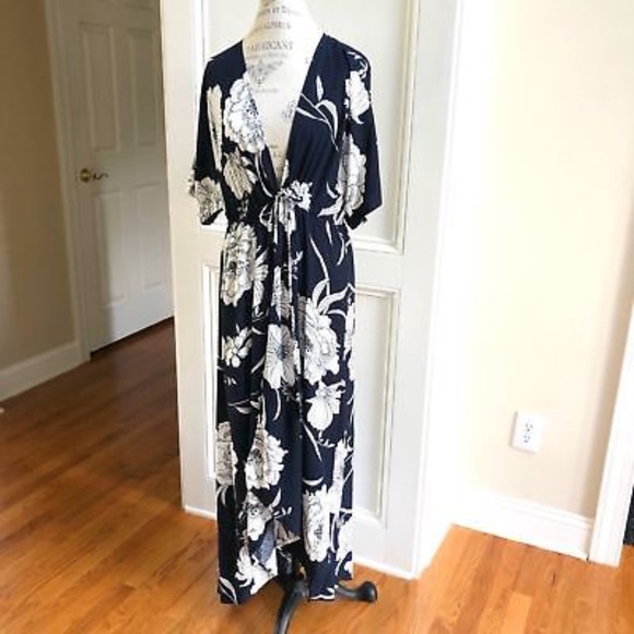 Tie Front Floral Kimono Duster Navy - Picture 5 of 7